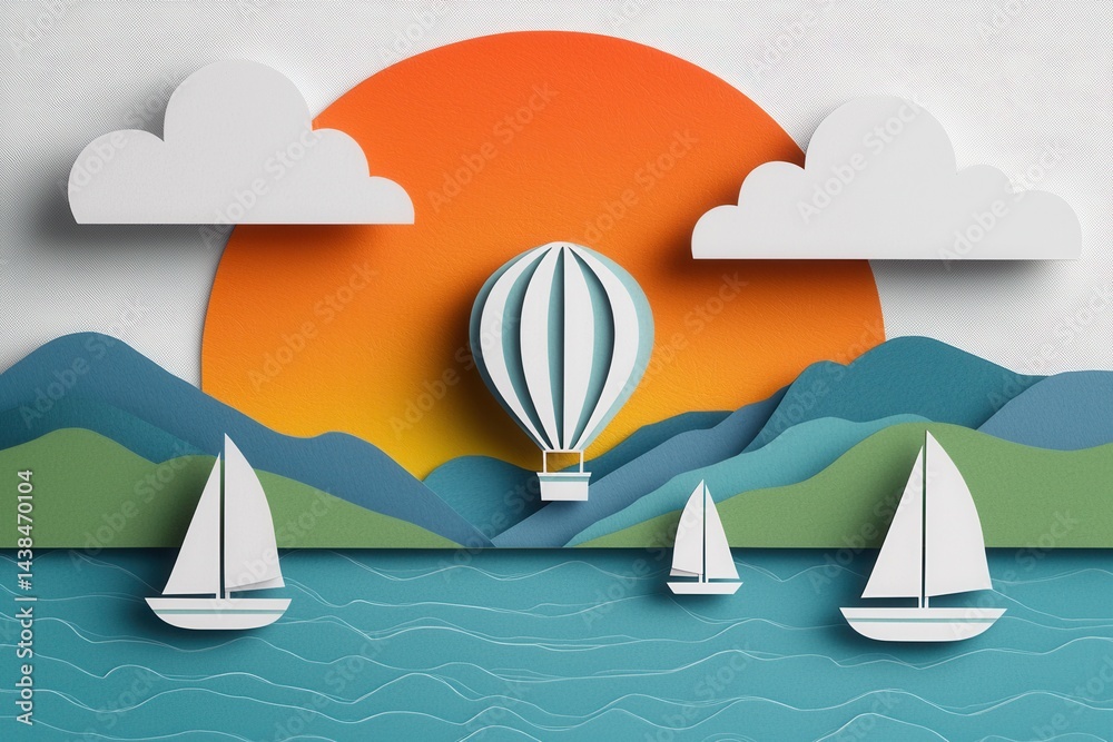 Colorful Paper Cut Landscape with Hot Air Balloon and Sailboats