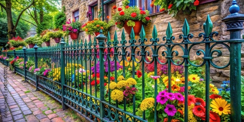 An ornate iron fence, painted a deep teal, stands as a sentinel against a vibrant backdrop of blooming flowers in a variety of colors.