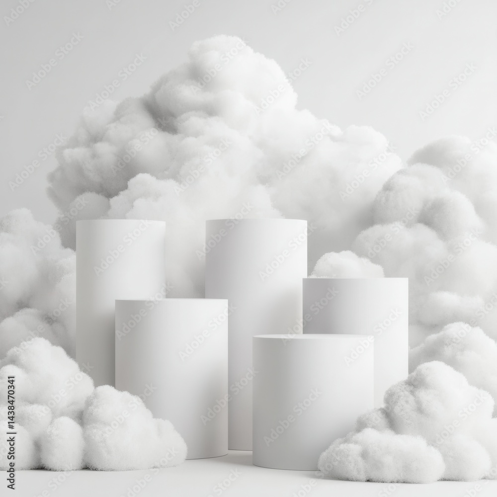 Abstract Composition of White Cylinders Surrounded by Fluffy Clouds