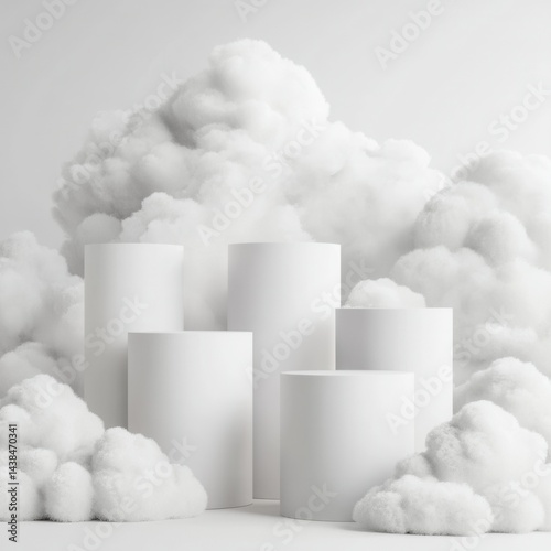Obraz na płótnie Abstract Composition of White Cylinders Surrounded by Fluffy Clouds w salonie