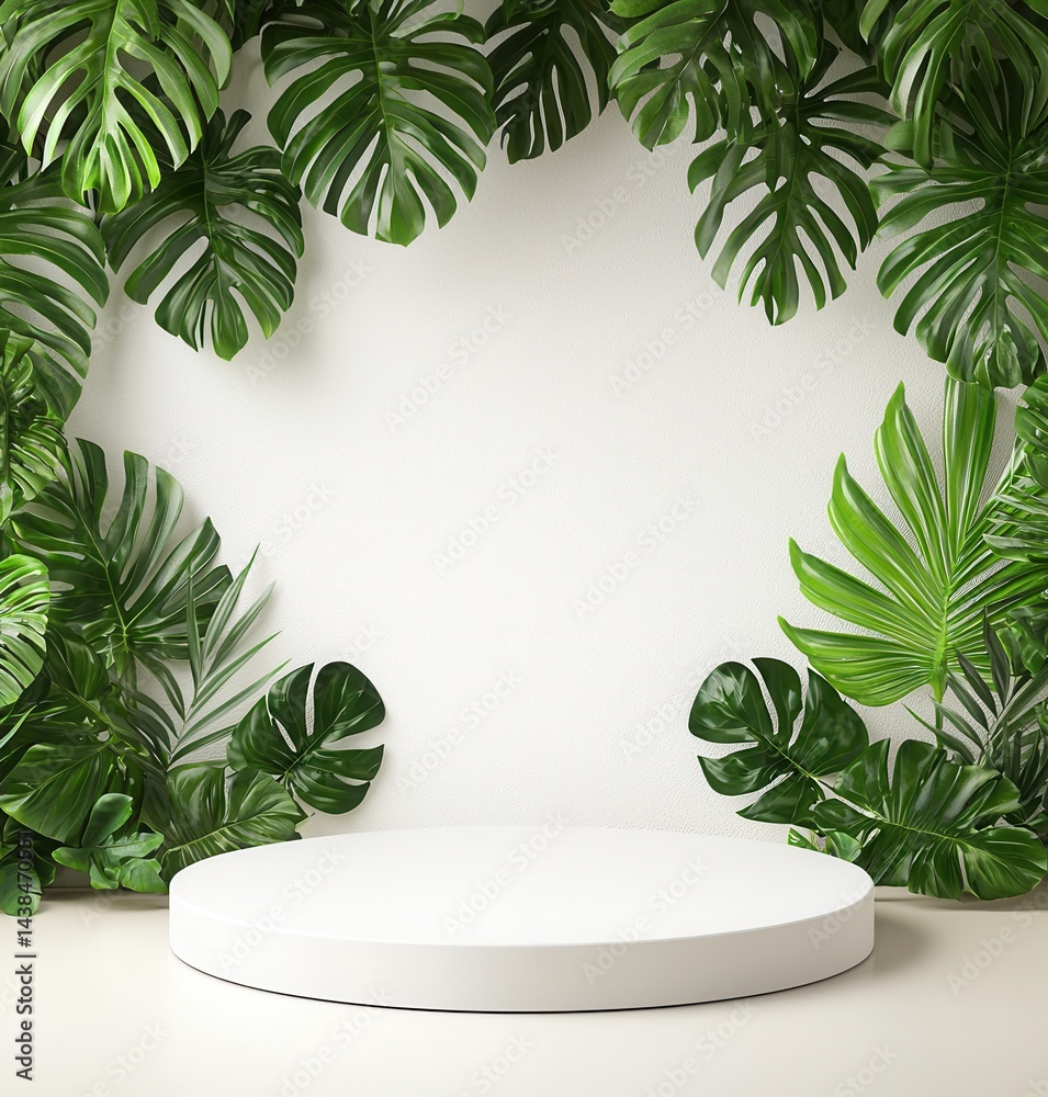 Lush Green Leaves Surrounding Minimalist White Platform Stage