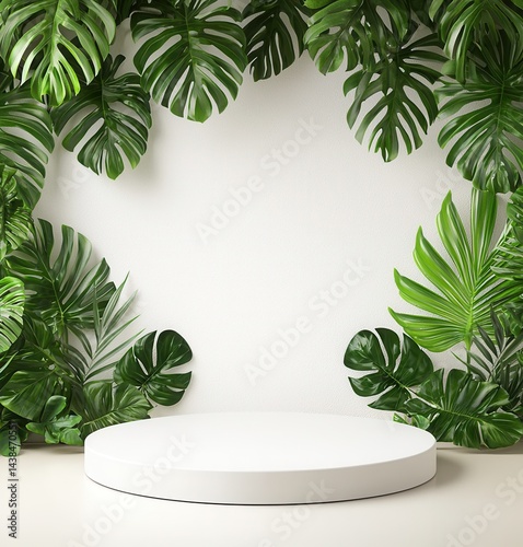 Obraz na płótnie Lush Green Leaves Surrounding Minimalist White Platform Stage w salonie