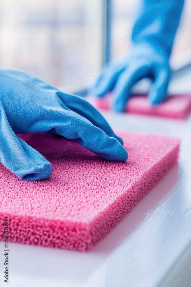 Close-Up of Blue Gloved Hand Cleaning with Pink Sponge on Surface