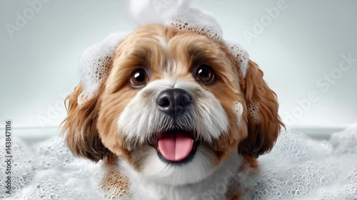 Adorable brown and white puppy dog taking a bubble bath looking at the camera with its tongue out in a bathroom setting