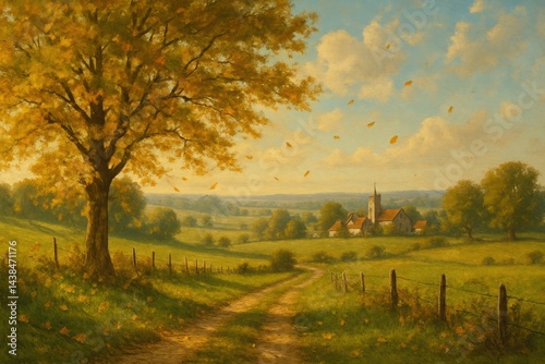 Serene Pastoral Landscape with Leafy Trees and Scenic Countryside View