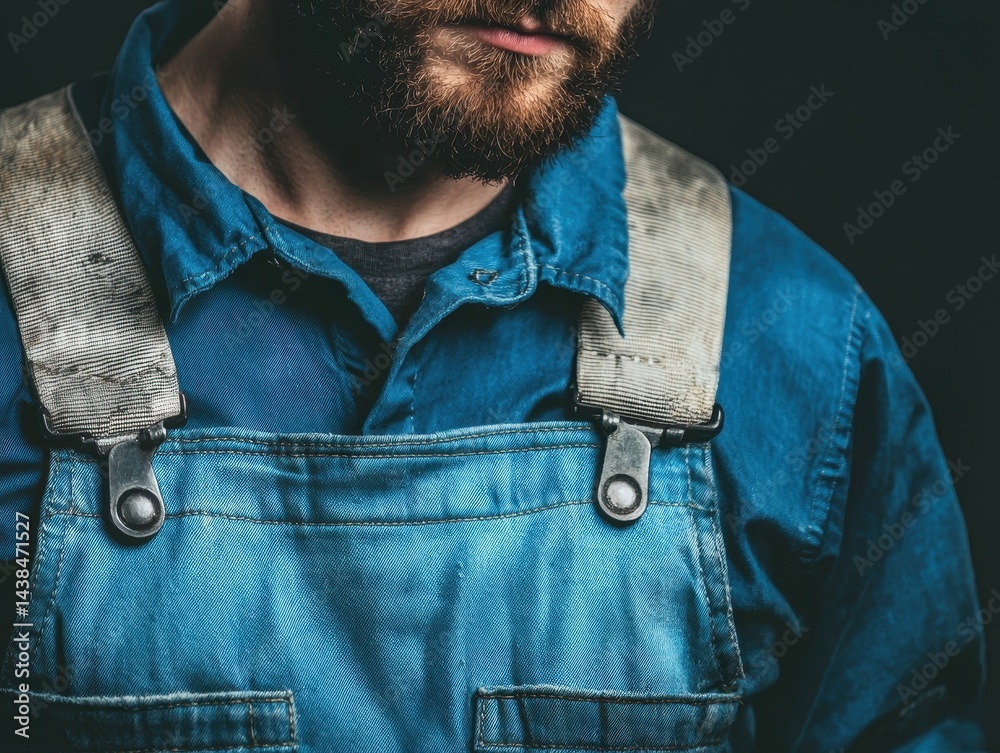 Close-Up of a Worker in Blue Overalls with a Beard Against Dark Background
