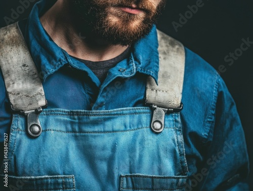 Obraz na płótnie Close-Up of a Worker in Blue Overalls with a Beard Against Dark Background w salonie