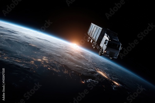 Fototapeta Naklejka Na Ścianę i Meble -  A truck in space against the backdrop of Earth and the sun rising.