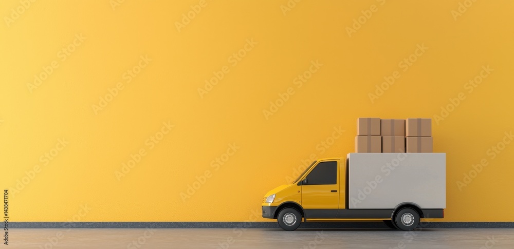 Delivery truck with boxes in front of a vibrant yellow wall