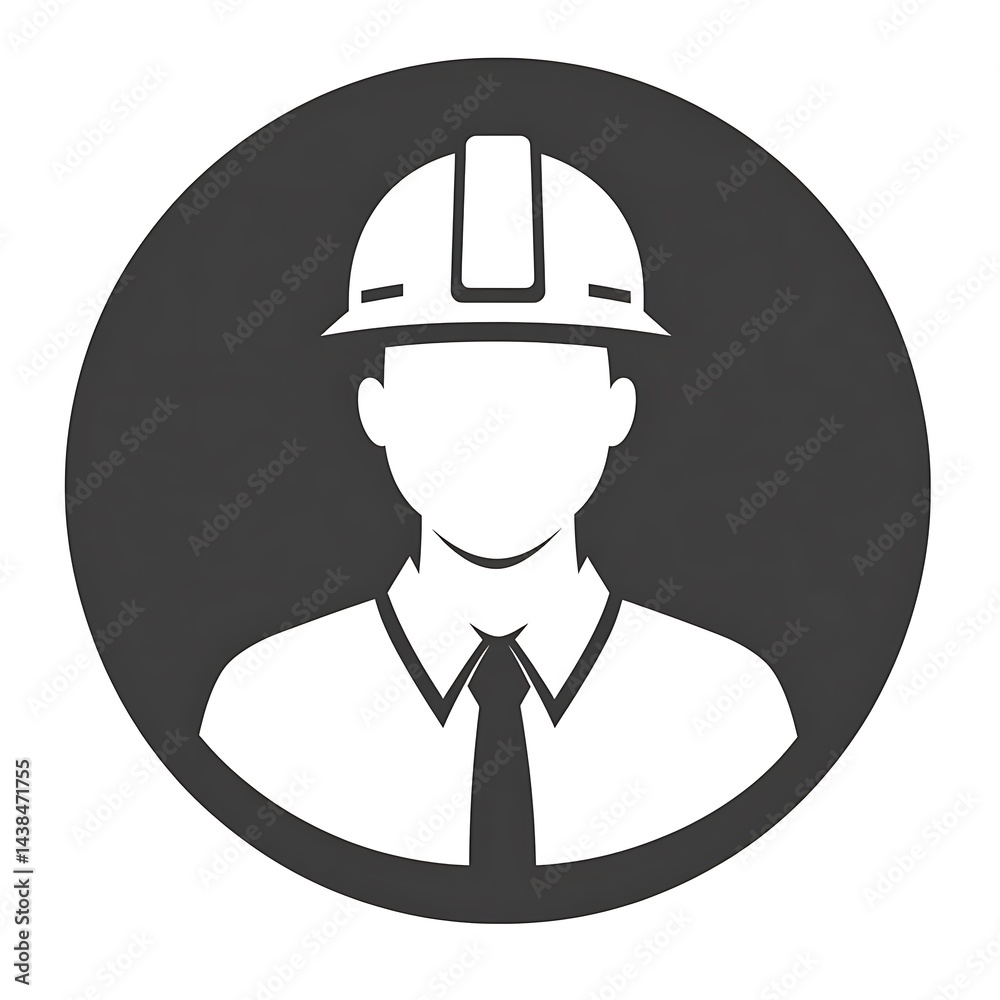 Professional Worker Icon: Vector Illustration of Person with Safety Helmet and Formal Attire within a Circular Frame.