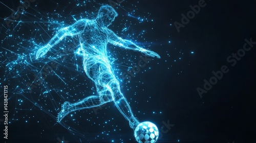 Dynamic soccer player kicking ball digital art futuristic concept neon environment action-packed view