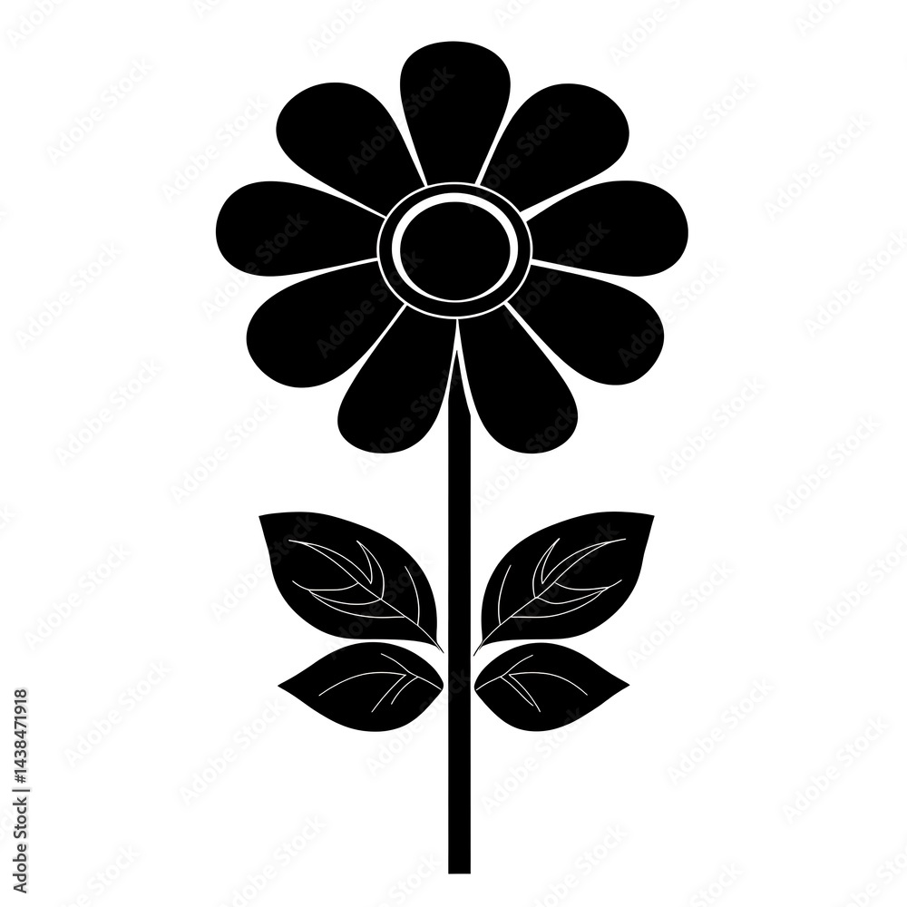Simple Black Flower Illustration with Leaves on a White Background for Arts and Crafts, Decor, and Graphic Design.