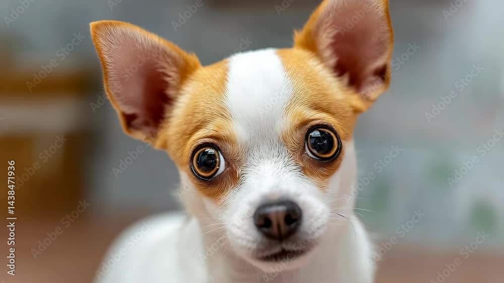 Close-up portrait of a cute tan and white Chihuahua puppy looking directly at the camera with big brown eyes and pointy ears in a home setting