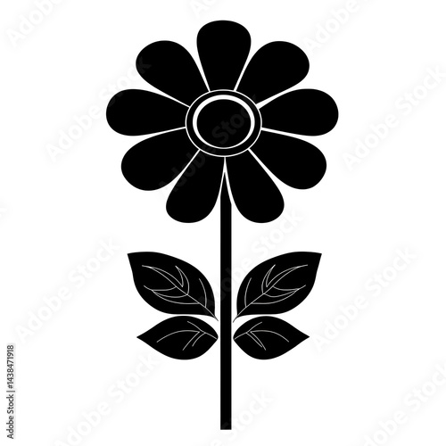 Obraz na płótnie Simple Black Flower Illustration with Leaves on a White Background for Arts and Crafts, Decor, and Graphic Design. w salonie