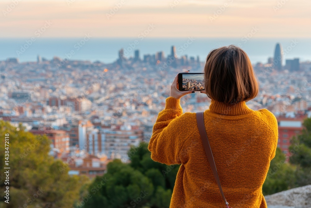 Woman with Smartphone Capturing Sunset Over Barcelona Skyline View
