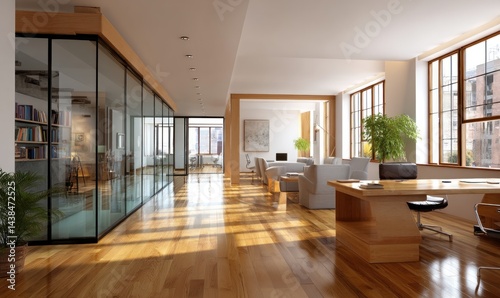 Modern open-plan office space with natural light and wooden floors