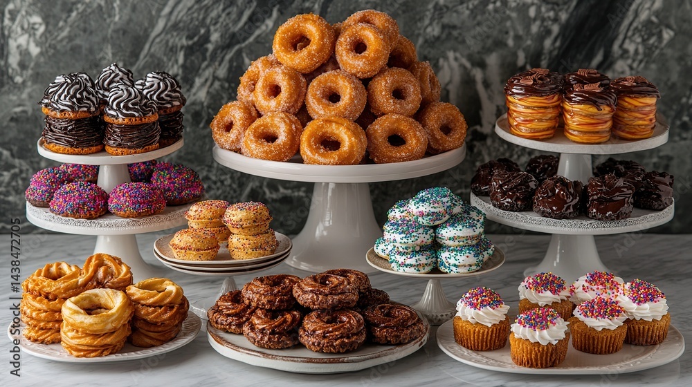 Assorted donuts and pastries displayed on tiered white stands. A variety of flavors and toppings, including glazed, chocolate, sprinkled, and iced