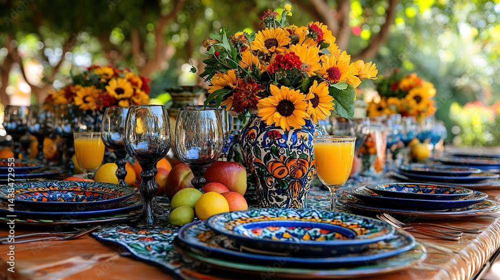 Vibrant outdoor dining table setting with sunflowers and fruit