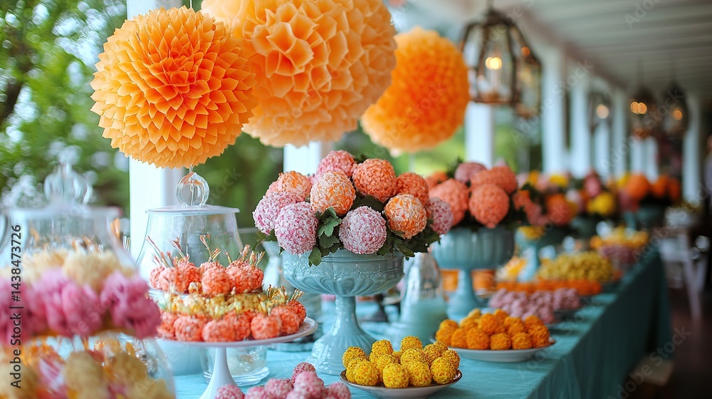 Vibrant dessert buffet with paper pom-poms and floral decorations