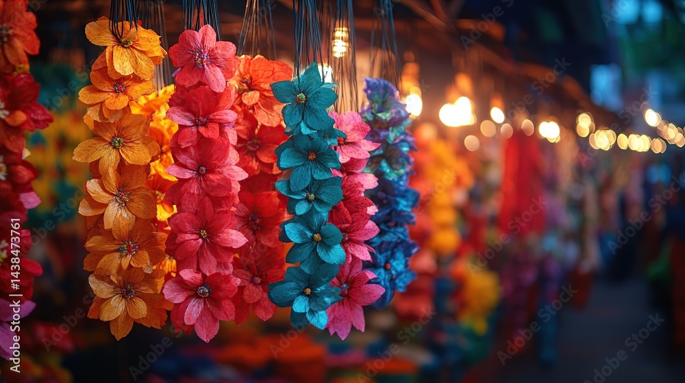 Colorful flower garlands for sale at a market