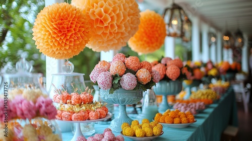Obraz na płótnie Vibrant dessert buffet with paper pom-poms and floral decorations w salonie