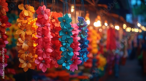 Obraz na płótnie Colorful flower garlands for sale at a market w salonie