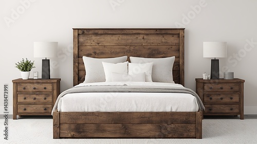 Wallpaper Mural Rustic Bedroom Interior: Cozy Wooden Bed with Nightstands and Soft White Bedding, Serene and Relaxing Space. Torontodigital.ca