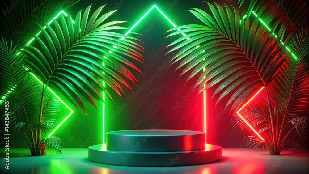 Fototapeta premium Neon Lights and Lush Palm Leaves Create a Vibrant Tropical Scene with a Minimalist Product Display Platform