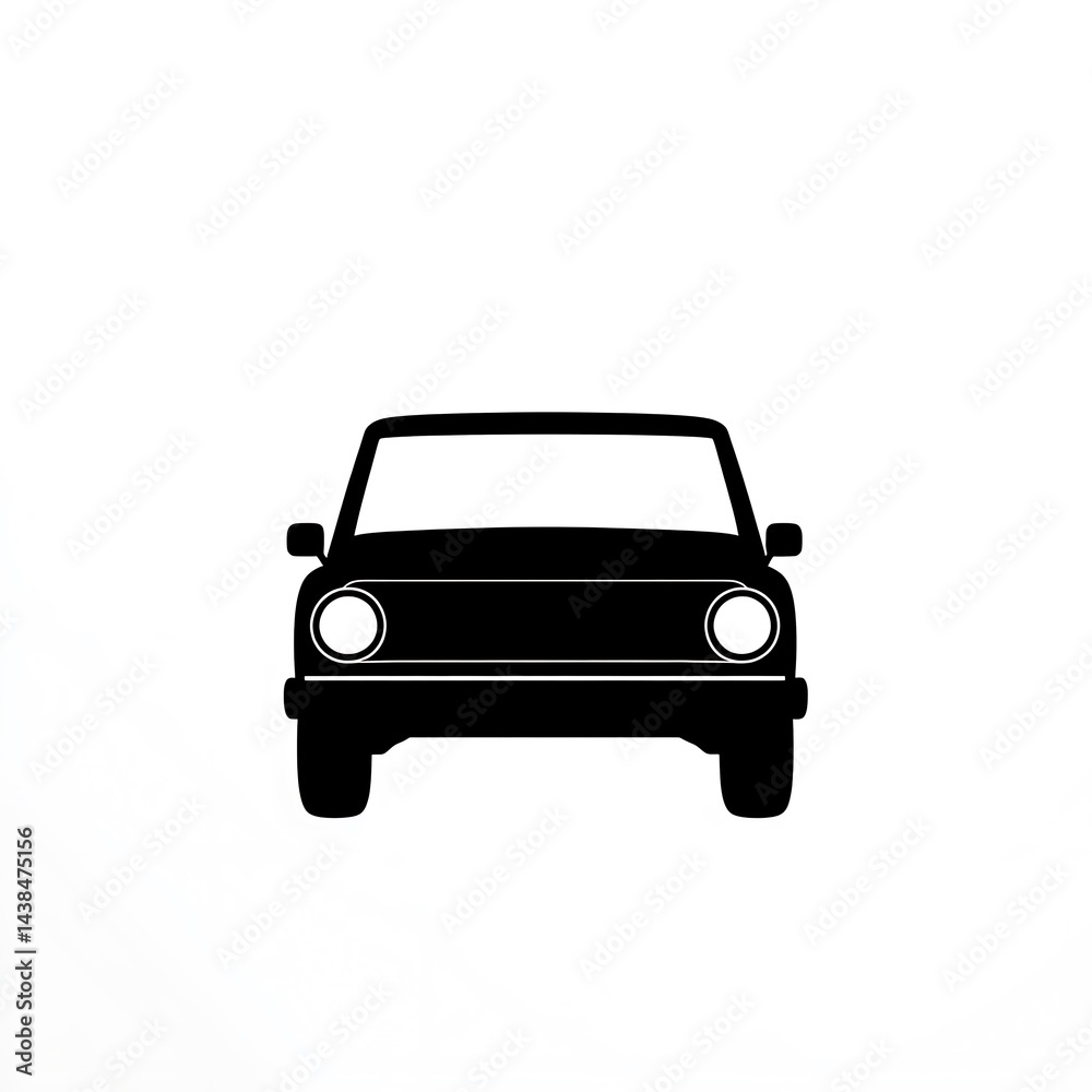 Sleek black vehicle illustration showcasing a front view car icon for transportation designs and graphic elements, simple minimalist automotive.