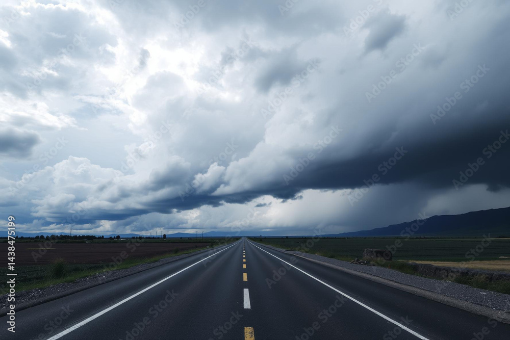 Fototapeta premium Ominous Storm Clouds Gather Over Empty Highway Stretching into the Distance