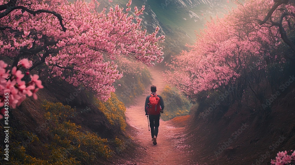 Obraz premium Traveler with a backpack walking on a scenic trail surrounded by spring bloom, adventure mood 