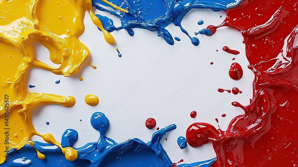 Colorful paint splashes create a vibrant border on white