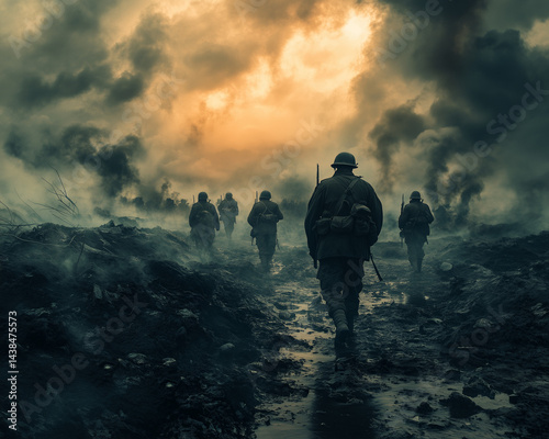 Soldiers Marching War-Torn Landscape, Intense War Movie Poster