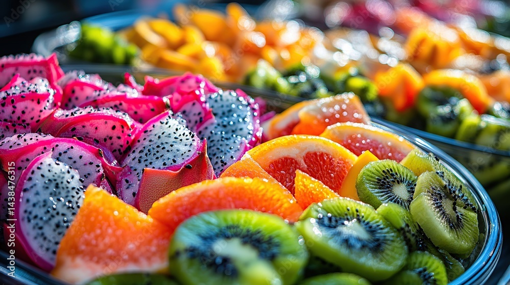 Colorful assortment of fresh fruit slices in clear bowls