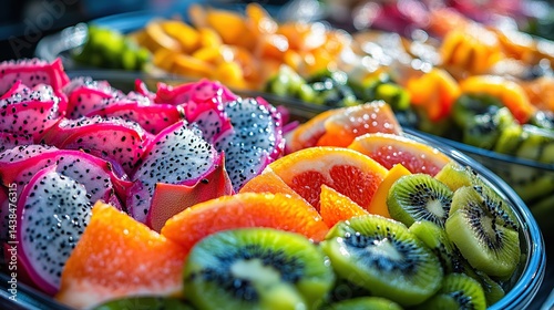 Obraz na płótnie Colorful assortment of fresh fruit slices in clear bowls w salonie