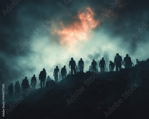 Group of survivors standing against a horde of zombies in a desolate landscape
