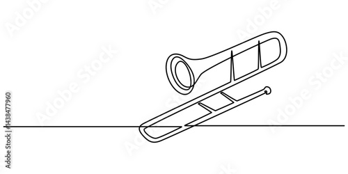 One line drawing of trumpet design. Classical jazz music instrument. Vector illustration simple continuous outline style, One single line drawing of luxury bass trombone. Wind music instruments style.