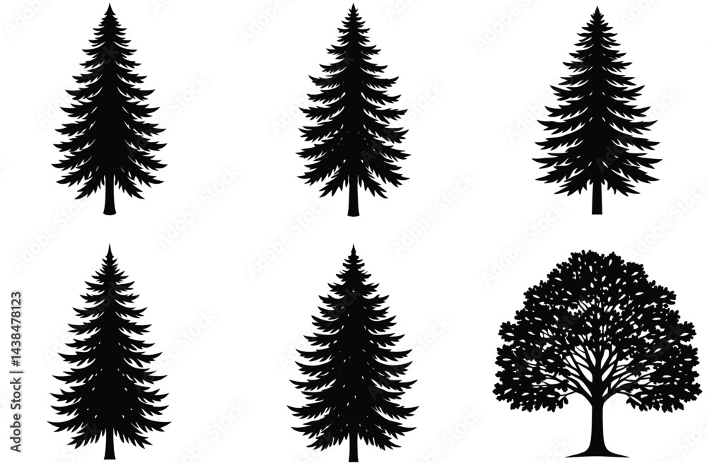 Fototapeta premium A vector set features green tree and fir silhouettes, isolated illustrations perfect for nature and holiday designs