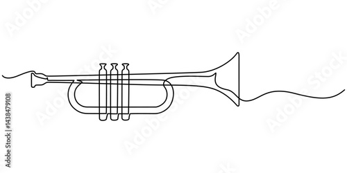 One line drawing of trumpet design. Classical jazz music instrument. Vector illustration simple continuous outline style, One single line drawing of luxury bass trombone. Wind music instruments style.