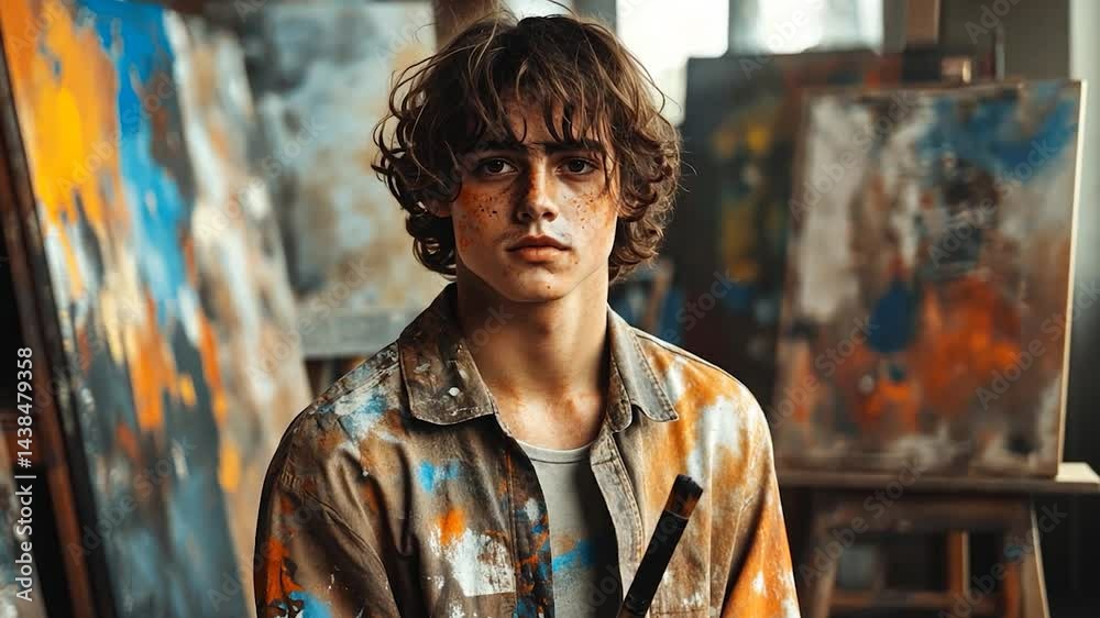 Young Artist in Art Studio with Colorful Paintings Young Artist in Art Studio with Colorful Paintings