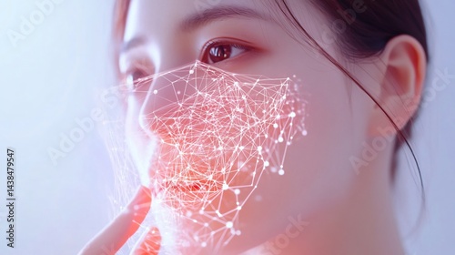 Woman experiencing skincare treatment, glowing skin with glowing particles, soothing ambiance perfect for wellness themes.