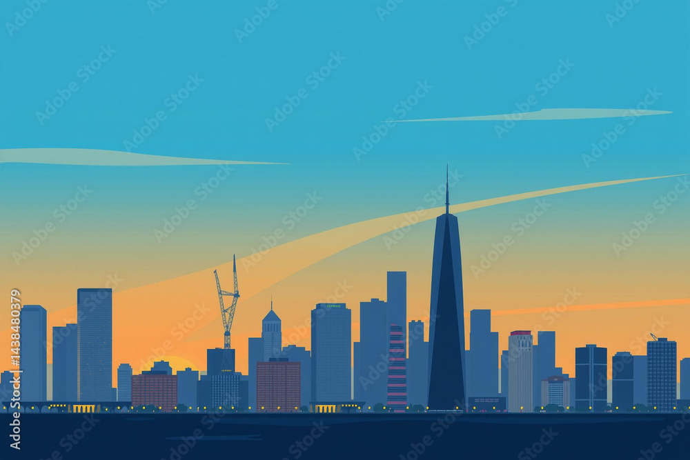 Naklejka premium Serene cityscape at sunset with towering skyscrapers against vibrant blue and orange gradient sky