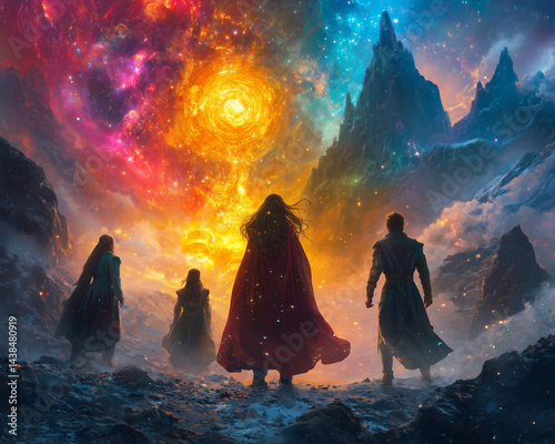 Colorful fantasy landscape with magical elements and vibrant characters
