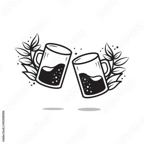 Monochrome Beverage Glasses Illustration With Botanical Elements and Leaf Design