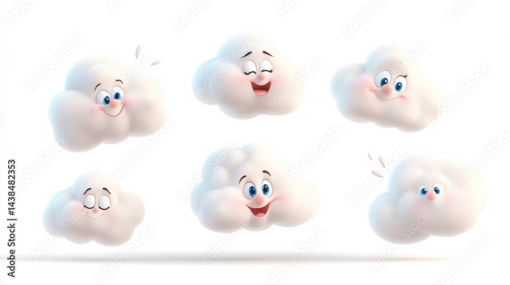 Fluffy Cartoonish Clouds Displaying Various Happy Emotions Against a White Background Fluffy Cartoonish Clouds Displaying Various Happy Emotions Against a White Background