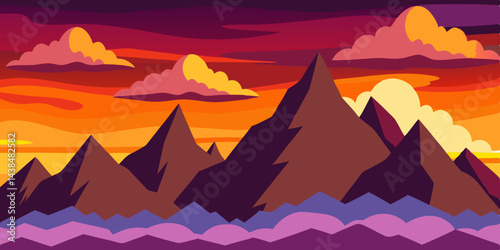 Egyptian desert sunset with pyramids in a sandy mountain landscape under a vast sky