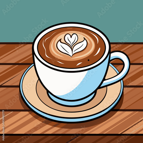 Illustration of a cup of coffee with beans and chocolate on a saucer, featuring steam and warm colours, representing a cosy café breakfast beverage