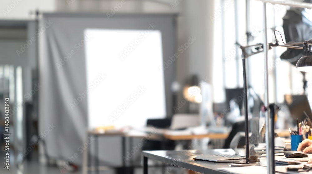 Obraz premium Modern workspace interior, blurred background
