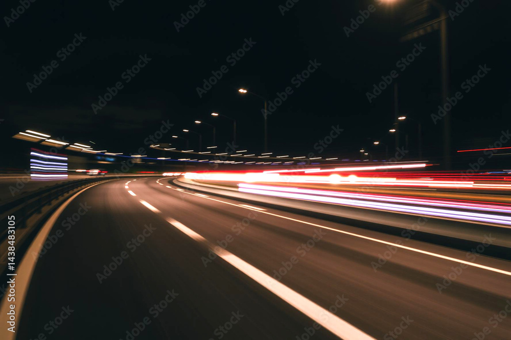 A Blurred Perspective of a Highway at Night with Streaks of Light A Blurred Perspective of a Highway at Night with Streaks of Light