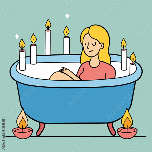 Cartoon illustration of a girl taking a bath in a bathtub with bubbles and soap in a fun and clean bathroom scene